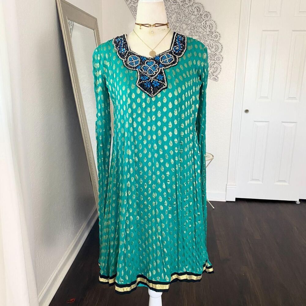 Turquoise and Gold Embroidered Blue Beaded Indian Silk Kameez Dress XS / 34